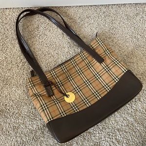 Burberry Haymarket Check Canvas & Brown Saffiano Leather Tote